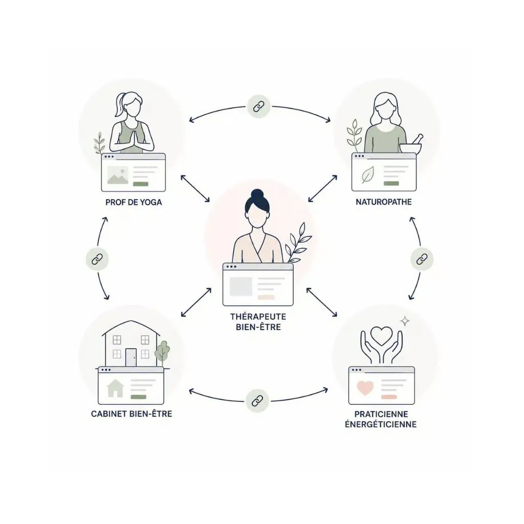 Illustration de netlinking entre des sites internet de professionnels du bien-être avec des liens pointant les uns vers les autres.