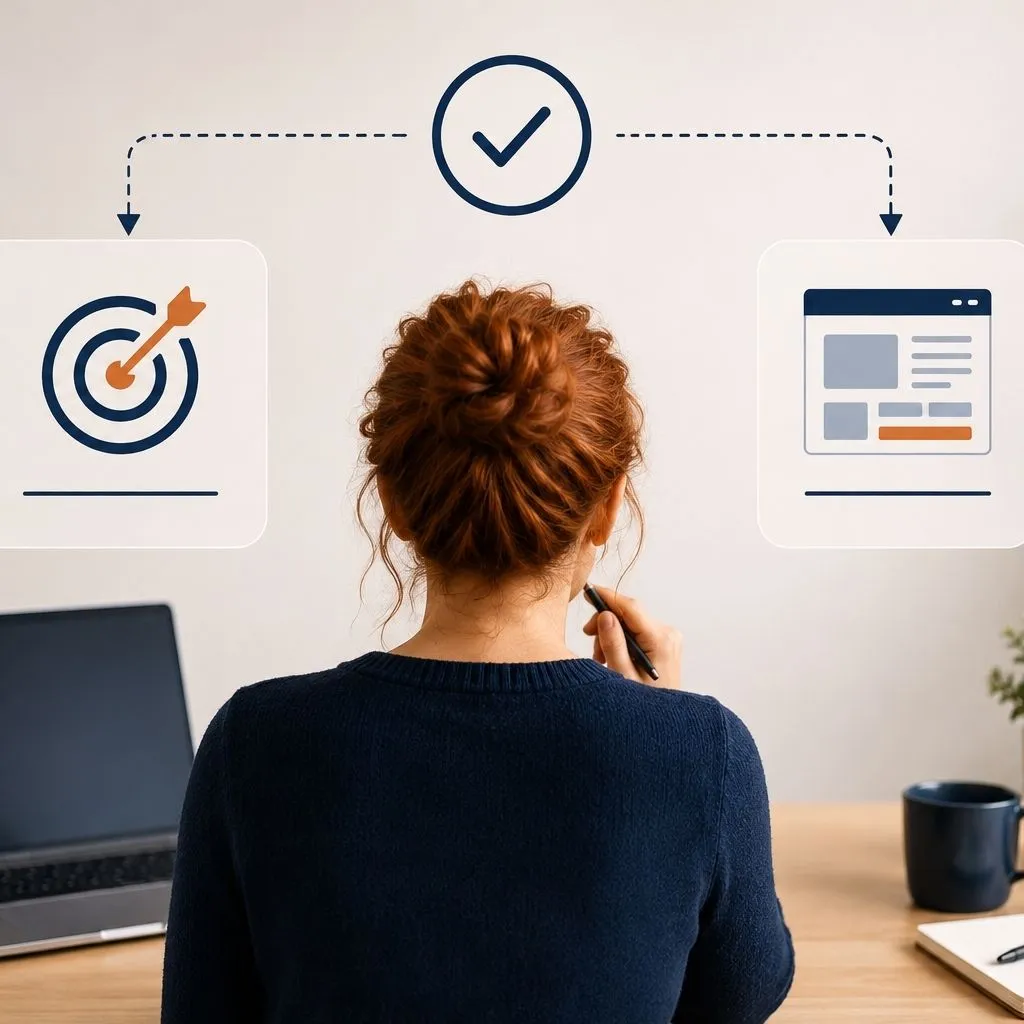 Professionnelle comparant deux solutions de création de site internet avant de faire son choix.