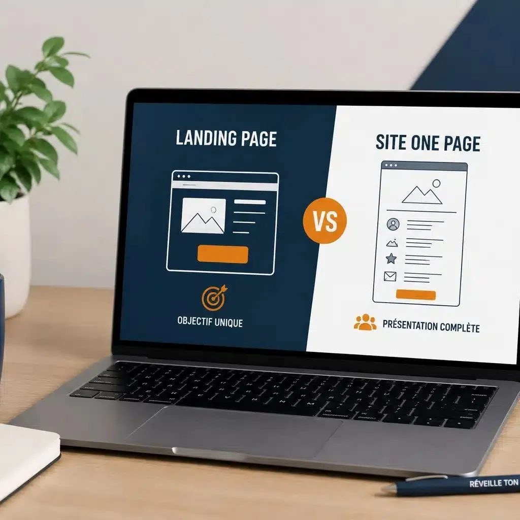 Ordinateur affichant les différences entre une landing page et un site One Page.