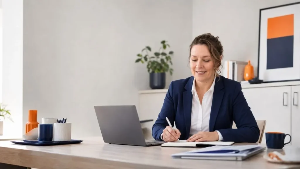 Entrepreneuse indépendante organisant le développement de son activité depuis son bureau.
